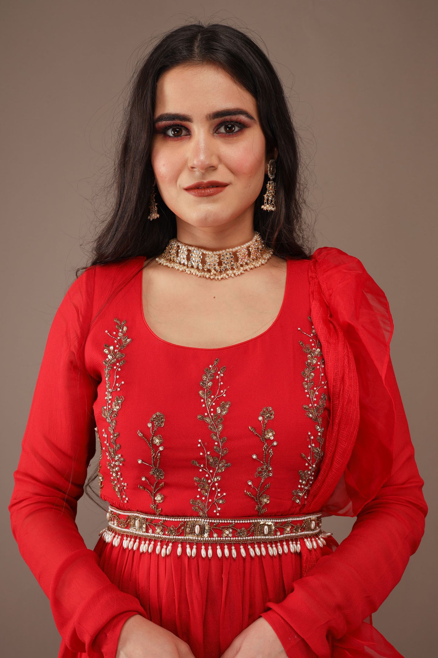 RED HAND EMBROIDERY GEORGETTE SUIT WITH PANTS- SET OF 4