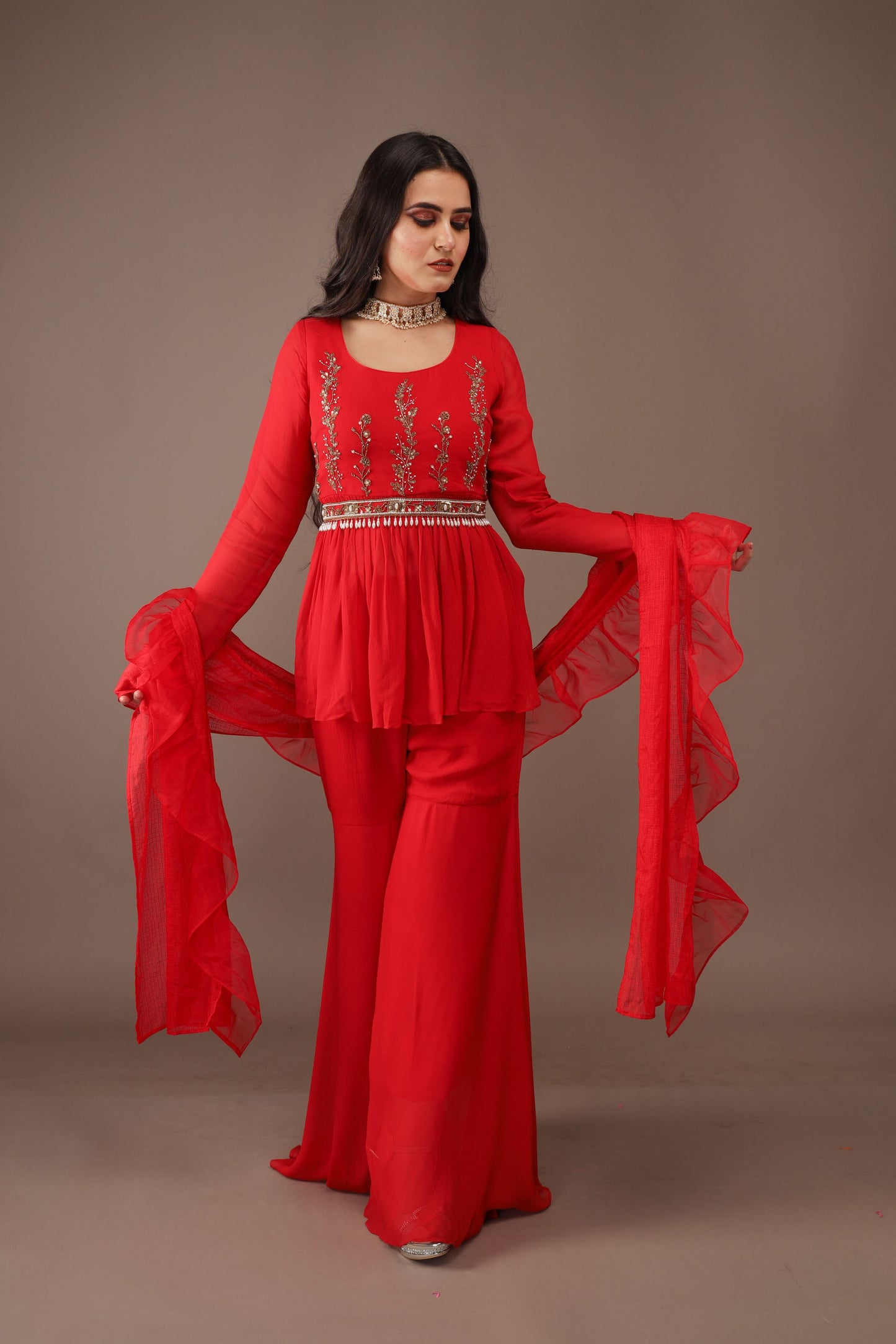 RED HAND EMBROIDERY GEORGETTE SUIT WITH PANTS- SET OF 4