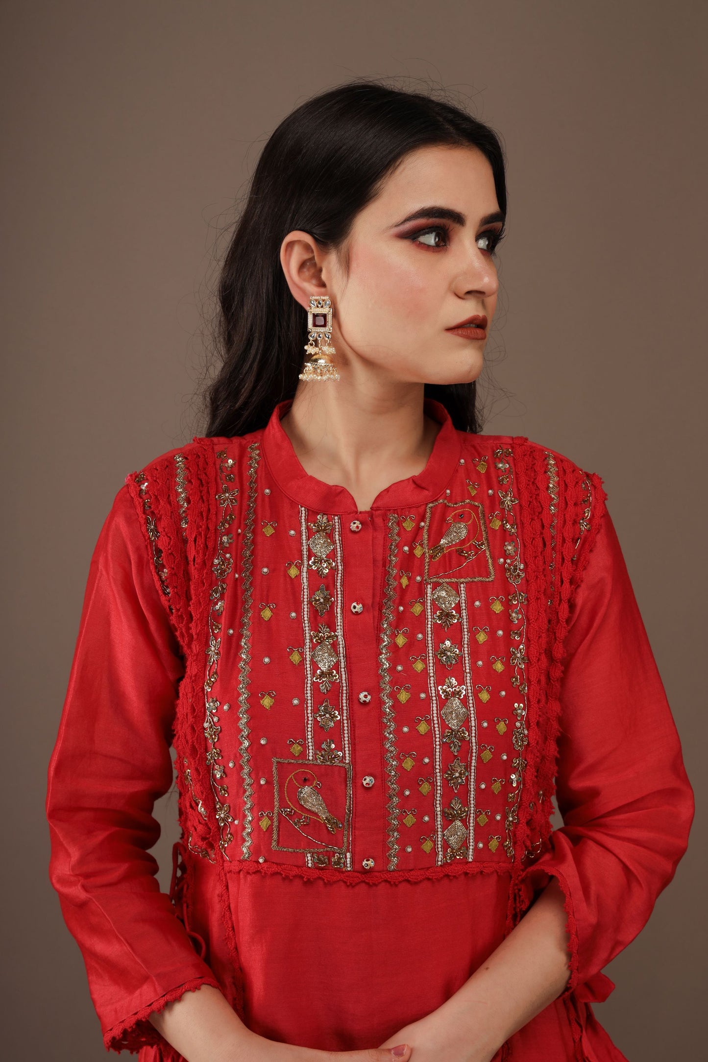 DEEP RED HAND EMBROIDERY CHANDERI SUIT WITH PANTS- SET OF 2