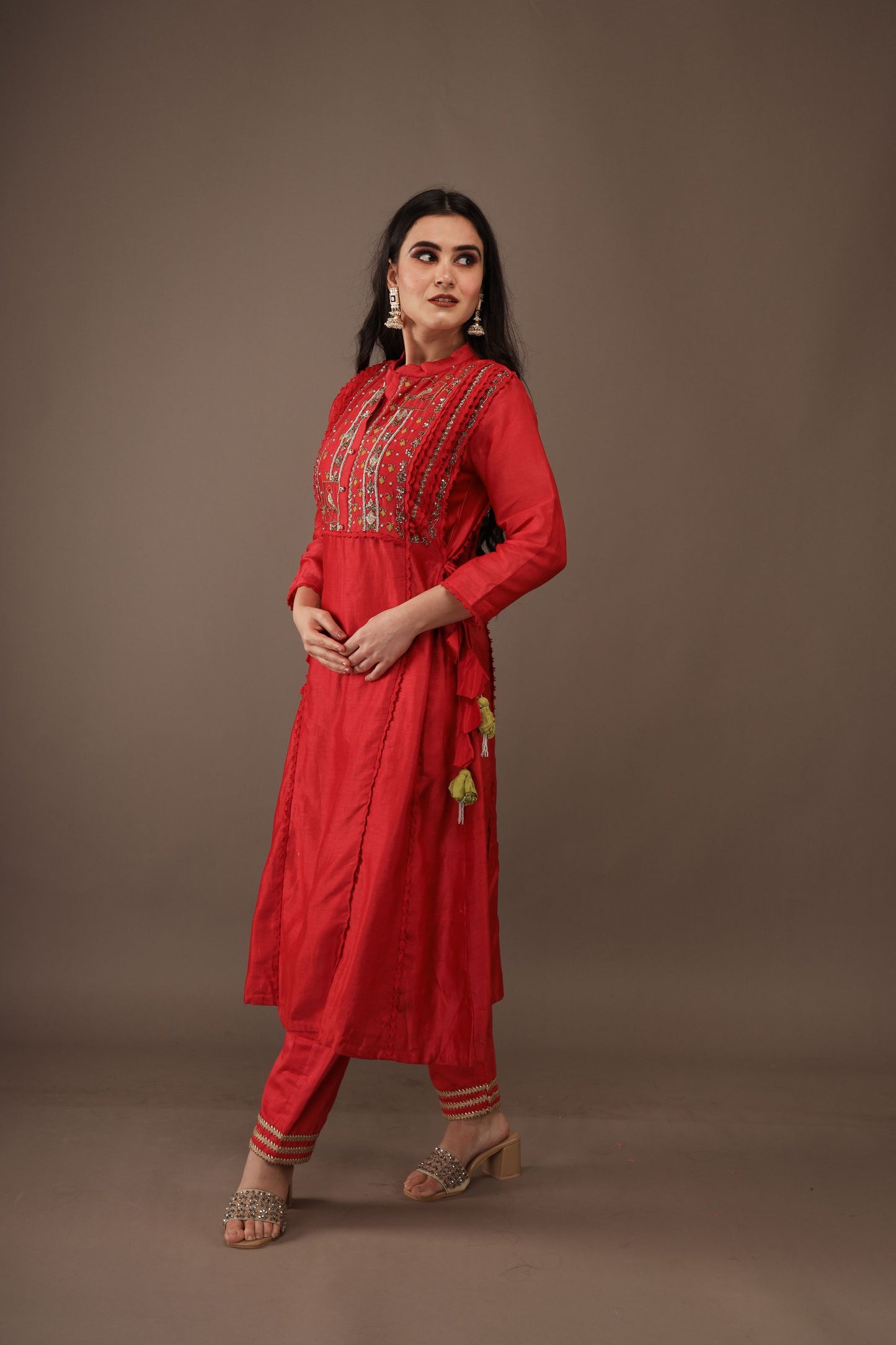 DEEP RED HAND EMBROIDERY CHANDERI SUIT WITH PANTS- SET OF 2