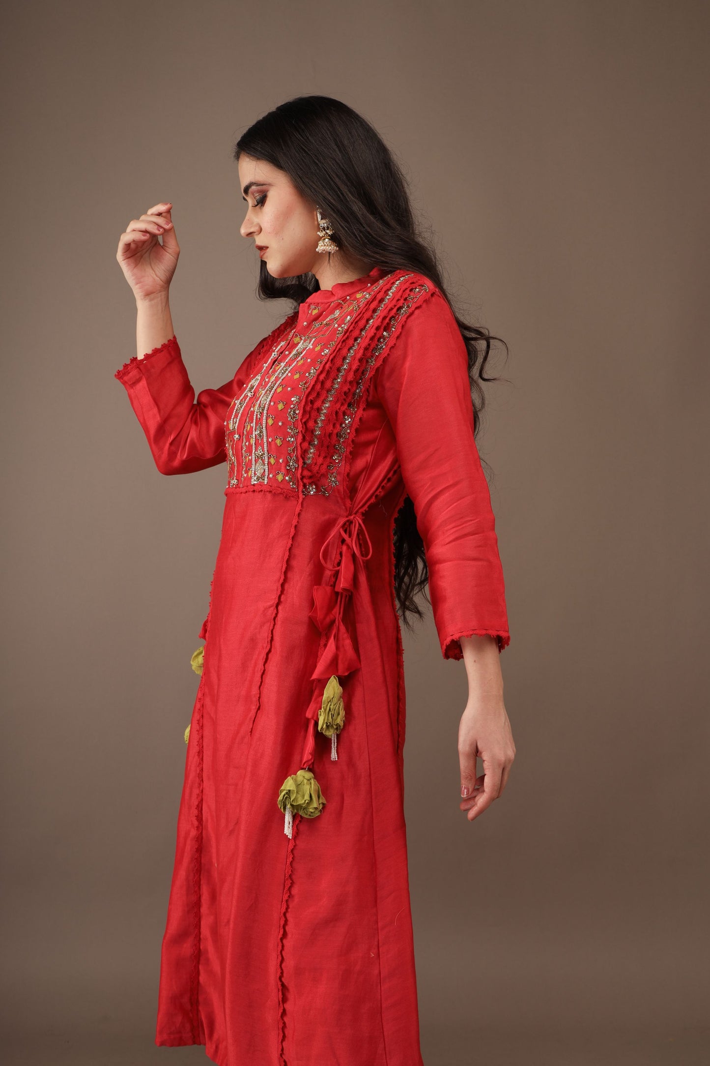 DEEP RED HAND EMBROIDERY CHANDERI SUIT WITH PANTS- SET OF 2