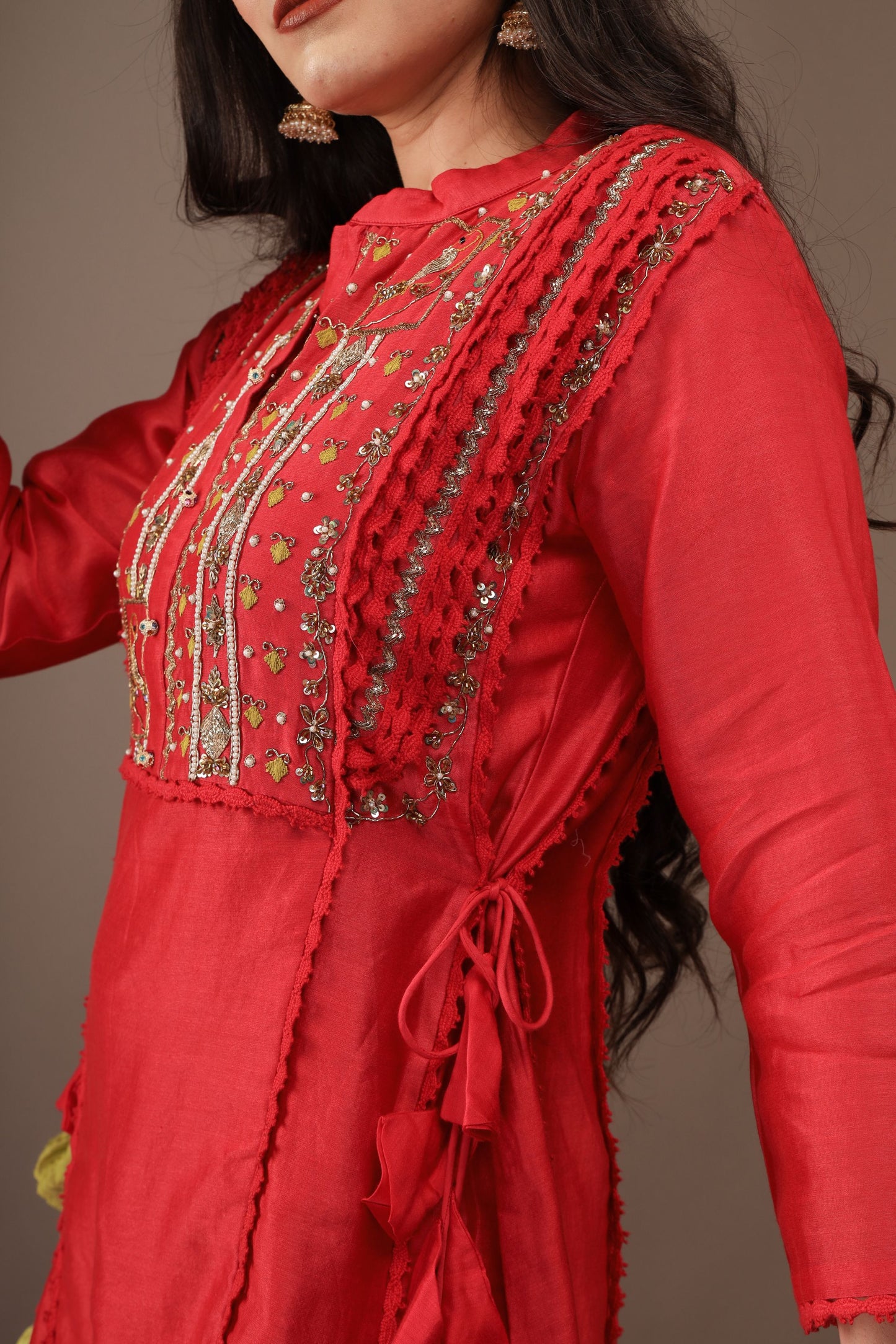 DEEP RED HAND EMBROIDERY CHANDERI SUIT WITH PANTS- SET OF 2