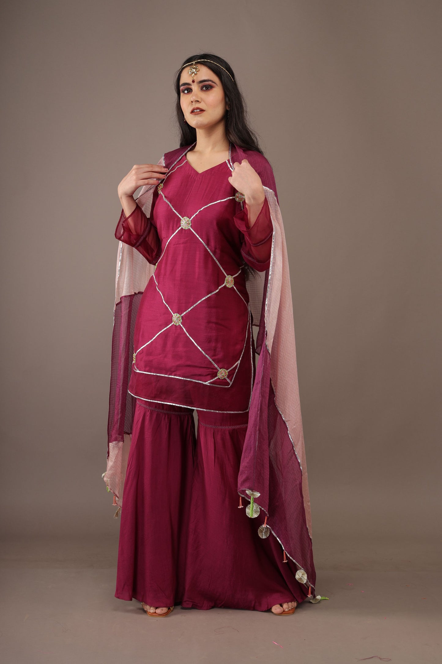 RED WINE HAND EMBROIDERY COTTON SILK SUIT WITH DUPATTA - SET OF 3