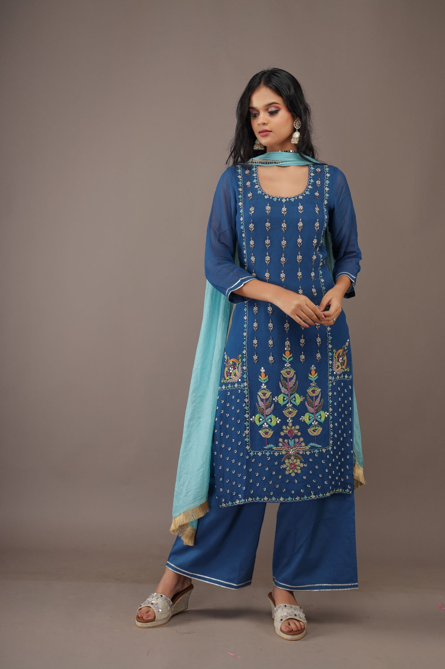 PEACOCK BLUE HAND EMBROIDERY GEORGETTE SUIT WITH KOTA DUPATTA- SET OF 3