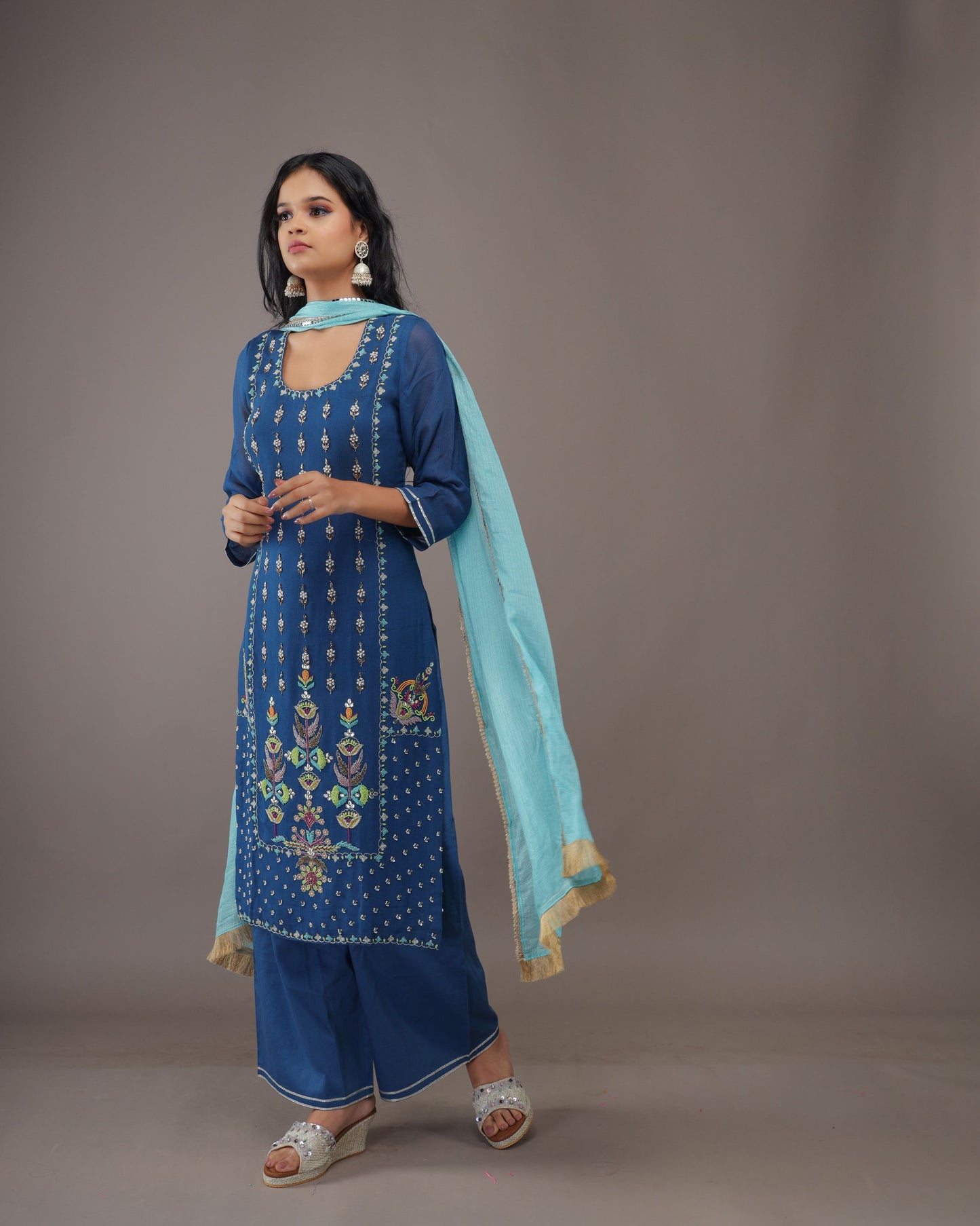 PEACOCK BLUE HAND EMBROIDERY GEORGETTE SUIT WITH KOTA DUPATTA- SET OF 3