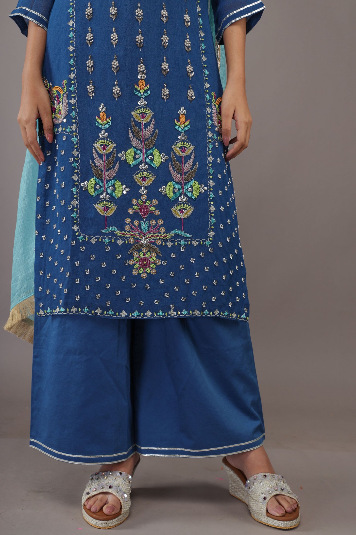 PEACOCK BLUE HAND EMBROIDERY GEORGETTE SUIT WITH KOTA DUPATTA- SET OF 3