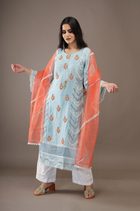 ICE BLUE HAND EMBROIDERY COTTON SILK SUIT WITH ORGANZA DUPATTA- SET OF 3