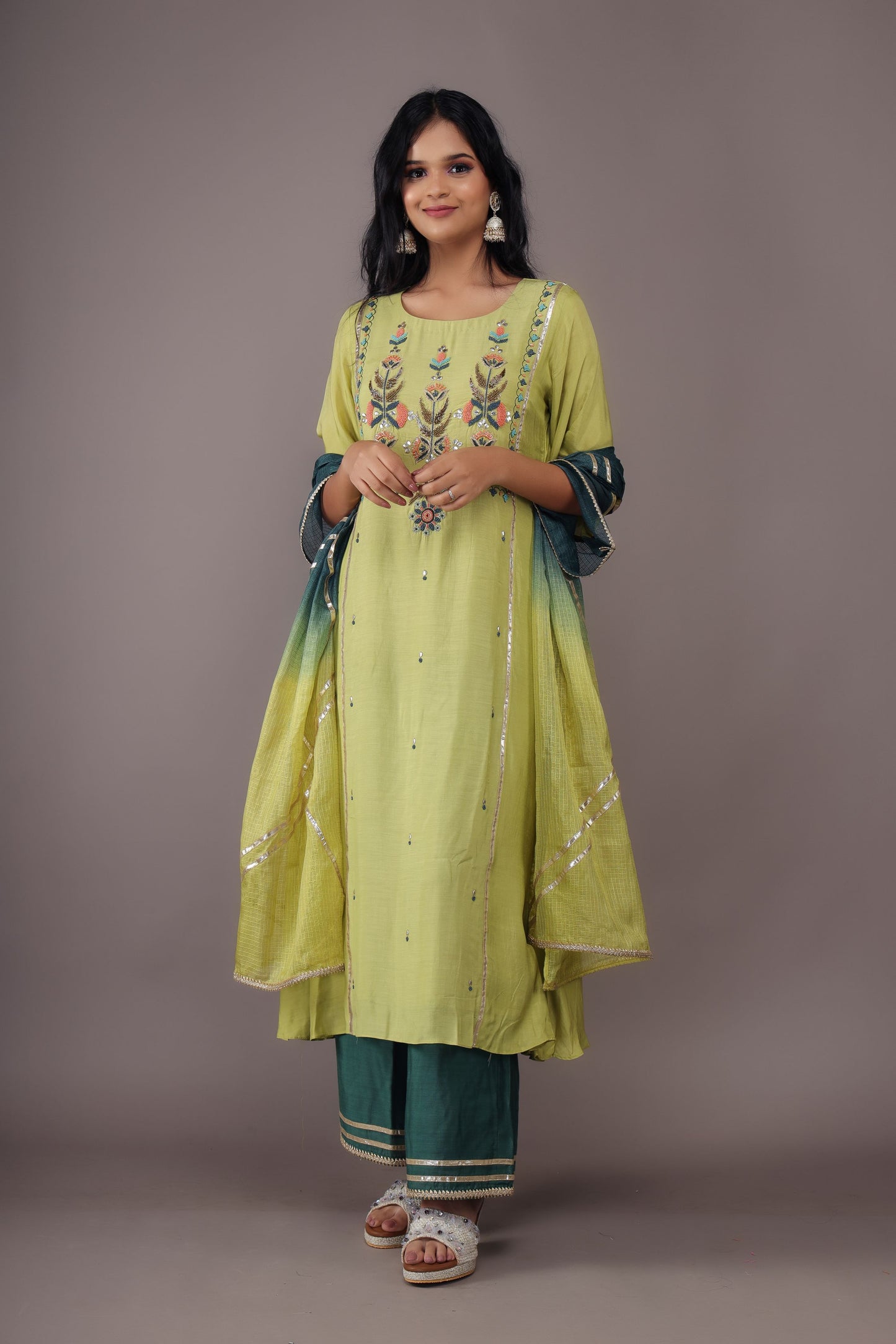 PARROT GREEN HAND EMBROIDERY COTTON SILK SUIT WITH KOTA DUPATTA- SET OF 3