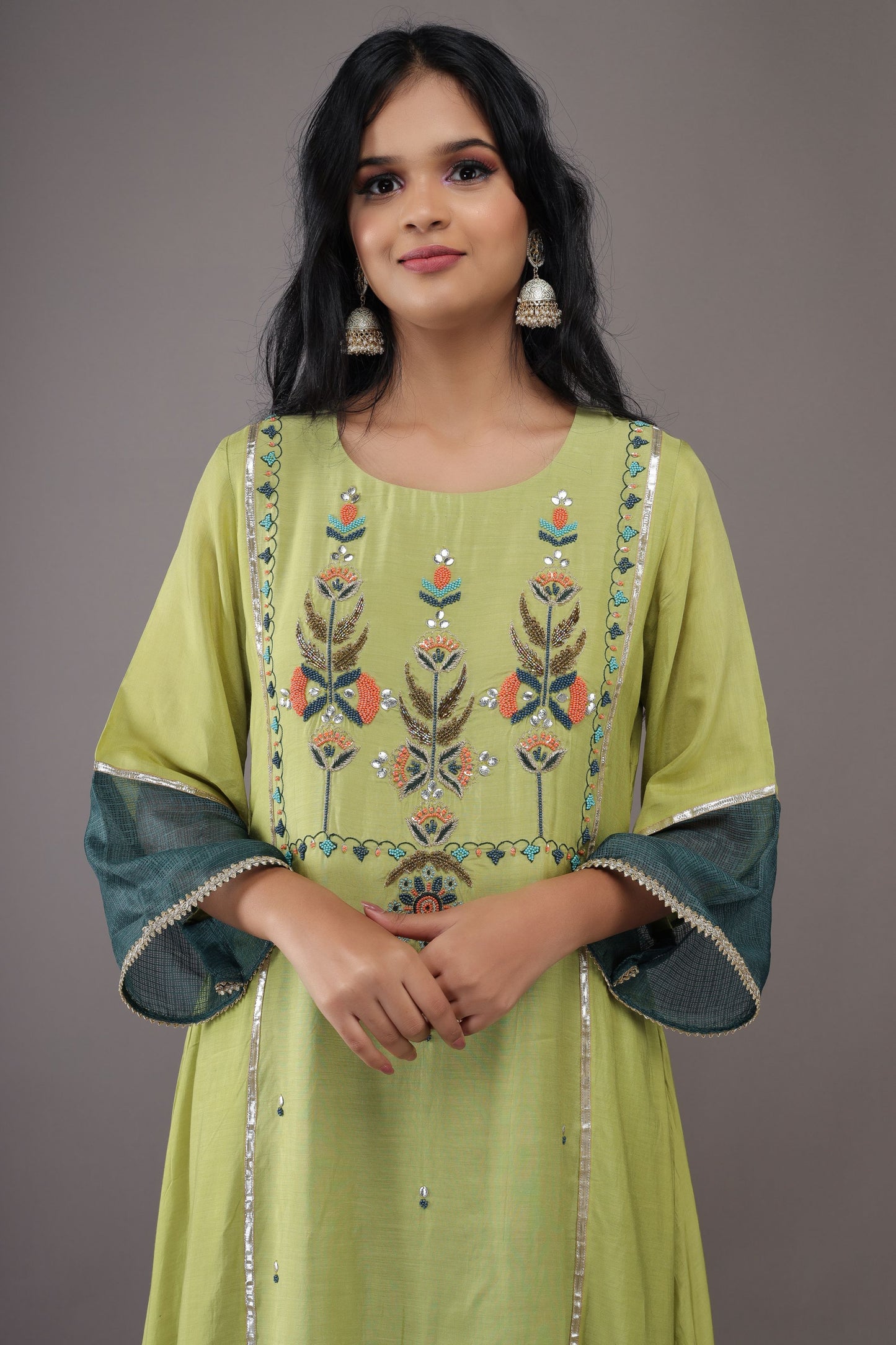 PARROT GREEN HAND EMBROIDERY COTTON SILK SUIT WITH KOTA DUPATTA- SET OF 3