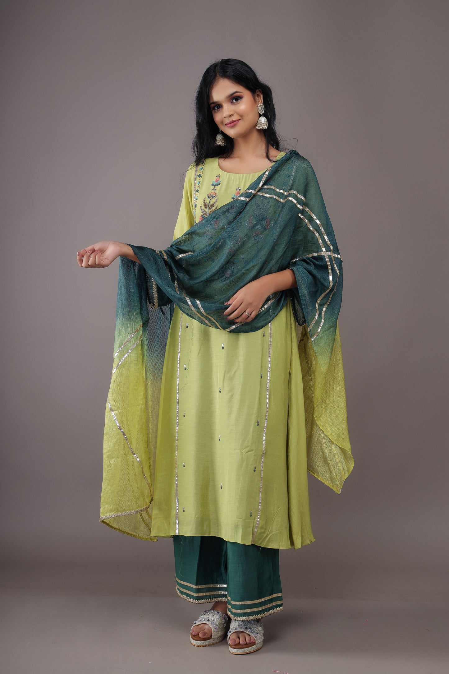 PARROT GREEN HAND EMBROIDERY COTTON SILK SUIT WITH KOTA DUPATTA- SET OF 3