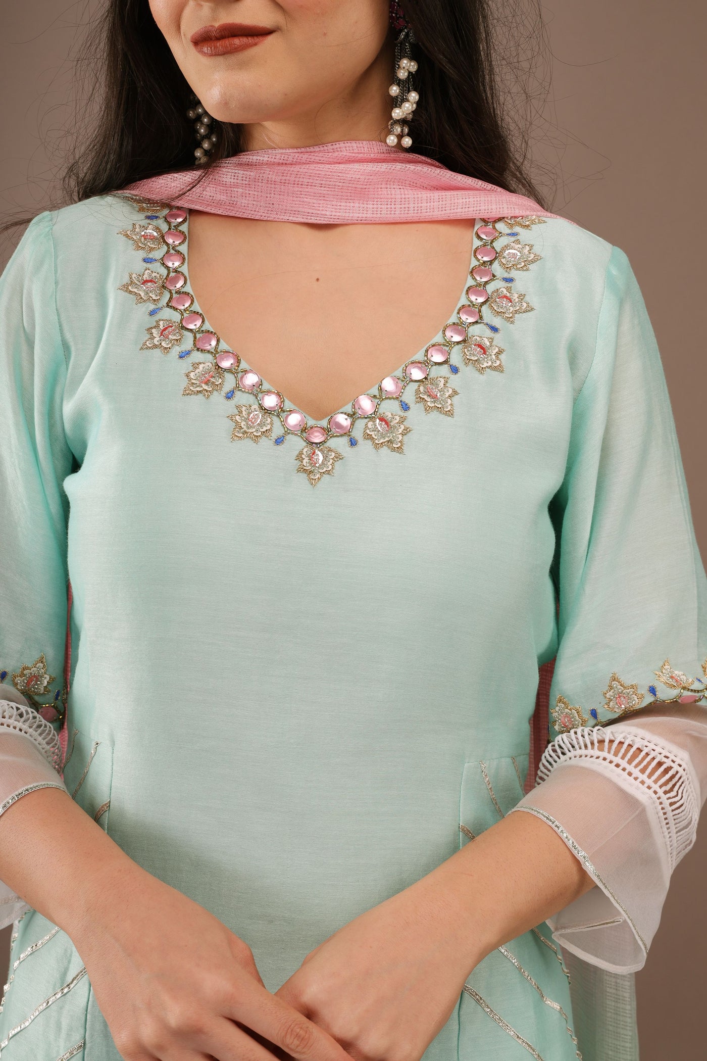 SEA BLUE HAND EMBROIDERY CHANDERI SUIT WITH KOTA DUPATTA- SET OF 3
