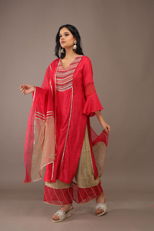 CHERRY RED HAND EMBROIDERY COTTON SILK SUIT WITH KOTA DUPATTA- SET OF 3