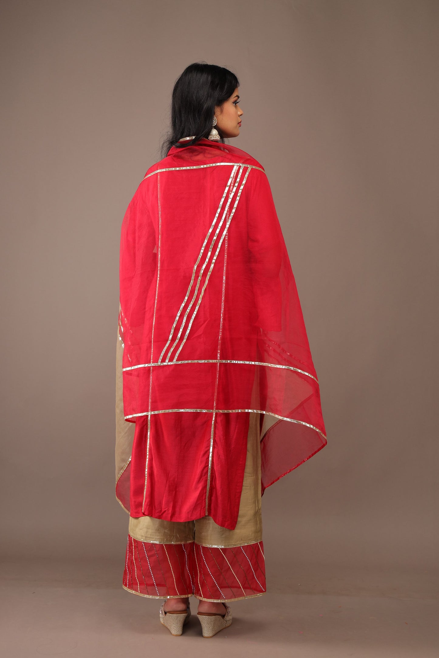 CHERRY RED HAND EMBROIDERY COTTON SILK SUIT WITH KOTA DUPATTA- SET OF 3