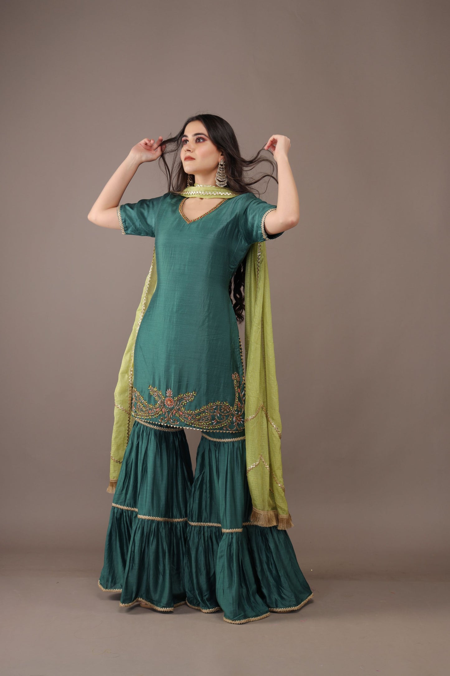 BOTTLE GREEN HAND EMBROIDERY COTTON SILK SUIT WITH ORGANZA DUPATTA- SET OF 3