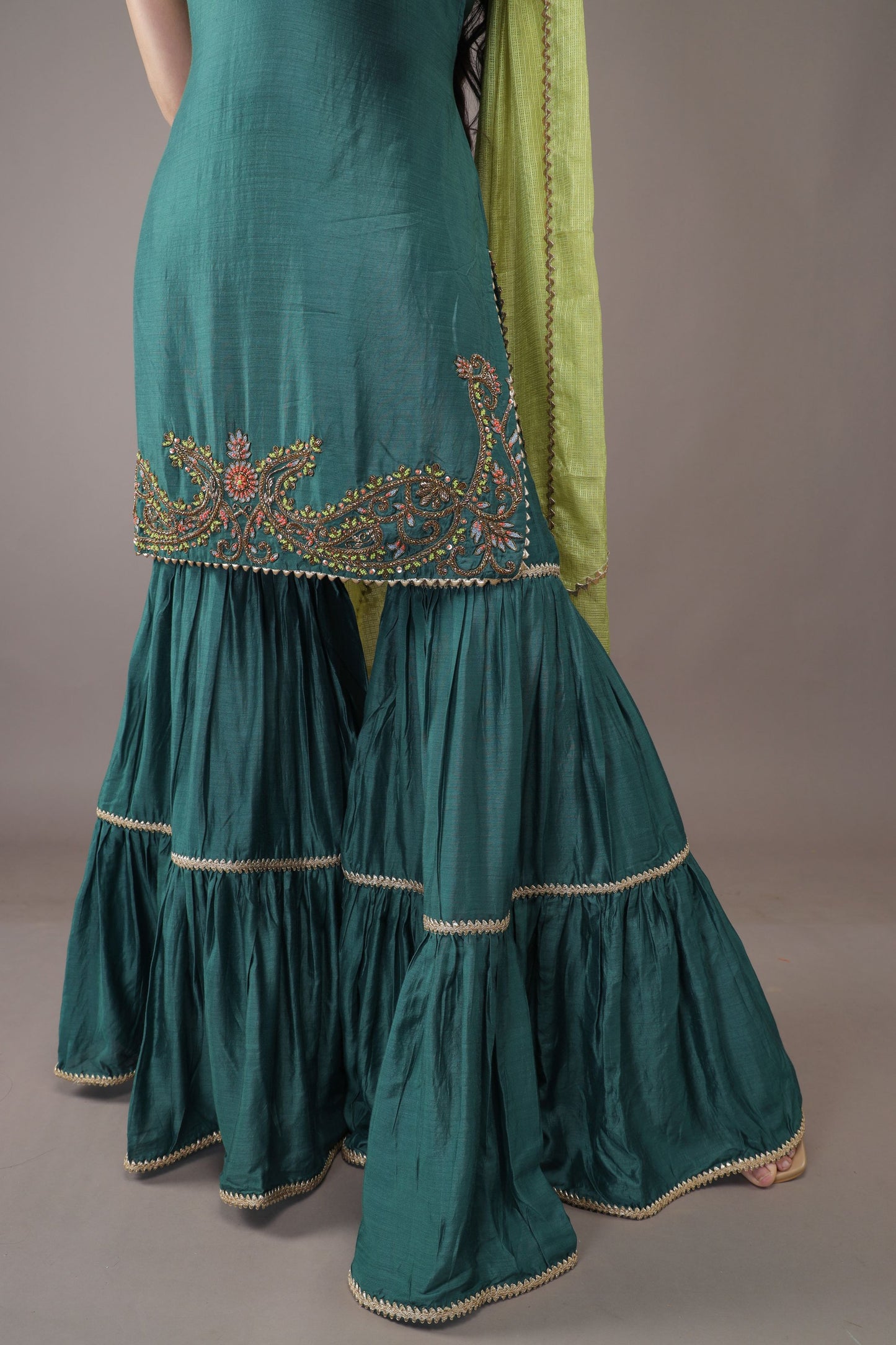 BOTTLE GREEN HAND EMBROIDERY COTTON SILK SUIT WITH ORGANZA DUPATTA- SET OF 3