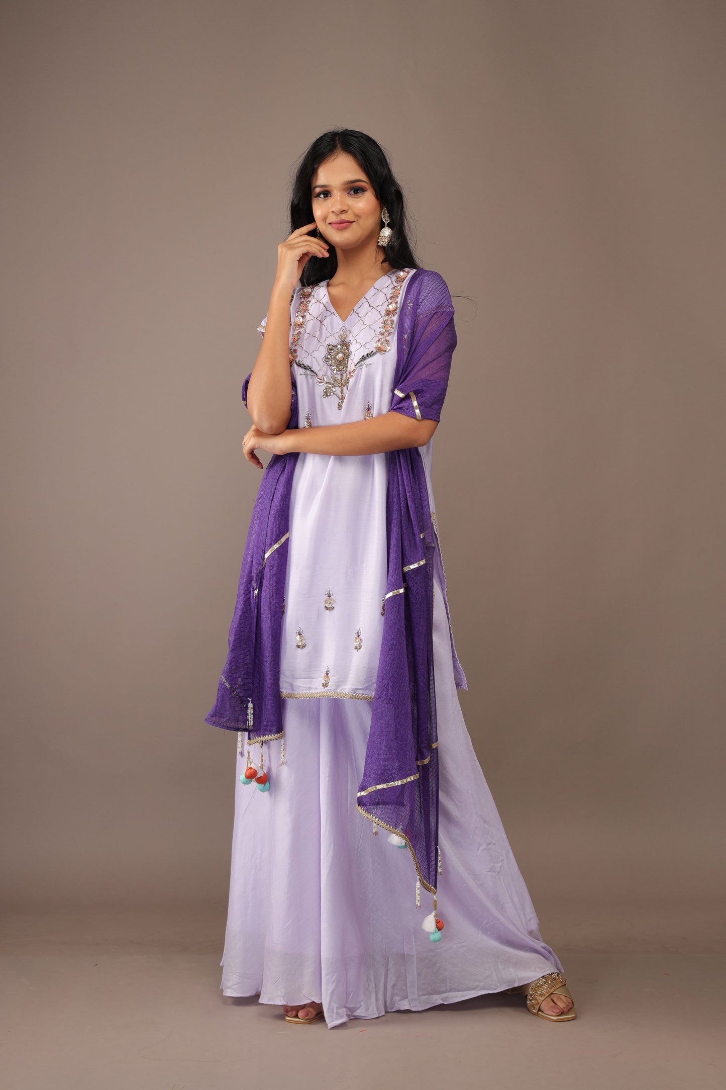 LAVENDER HAND EMBROIDERY COTTON SILK SUIT WITH KOTA DUPATTA- SET OF 3