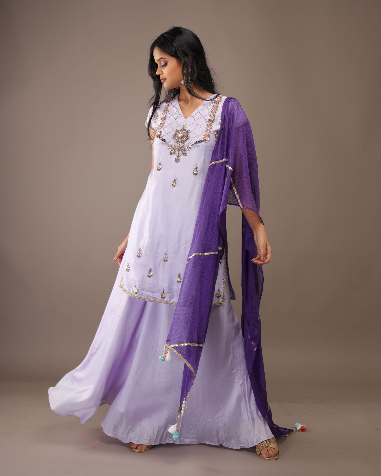 LAVENDER HAND EMBROIDERY COTTON SILK SUIT WITH KOTA DUPATTA- SET OF 3