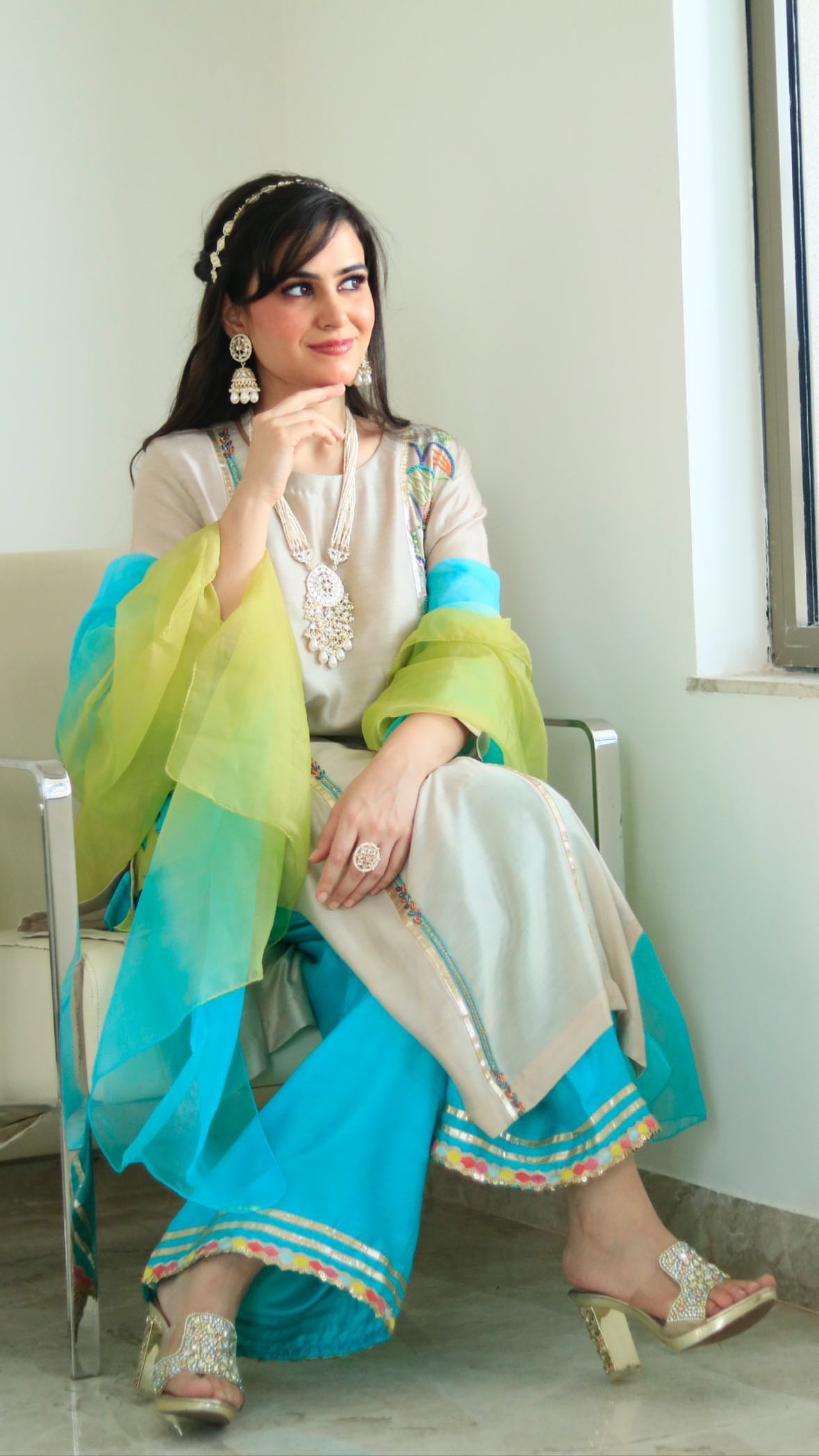 GRAY COTTON SILK SUIT WITH DIP DYE DUPPATA