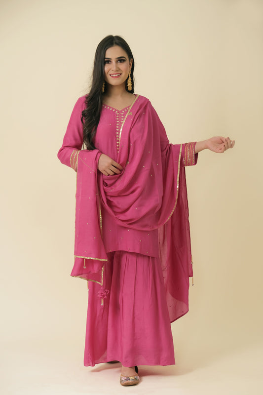 FUCHSIA HAND EMBROIDERY COTTON SILK SUIT WITH DUPPATA - SET OF 3