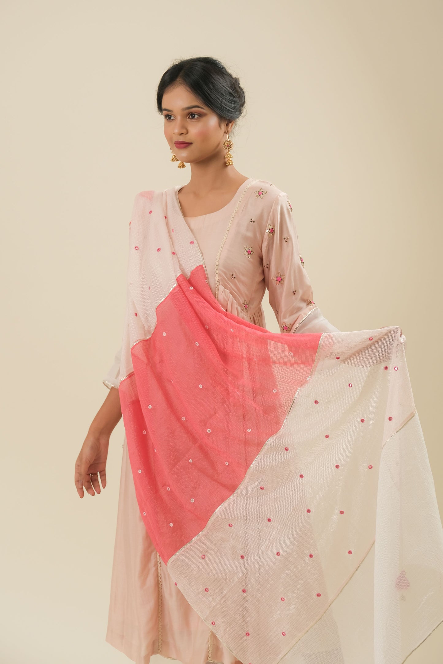 BLUSH PINK HAND EMBROIDERY COTTON SILK SUIT WITH KOTA DUPATTA- SET OF 3