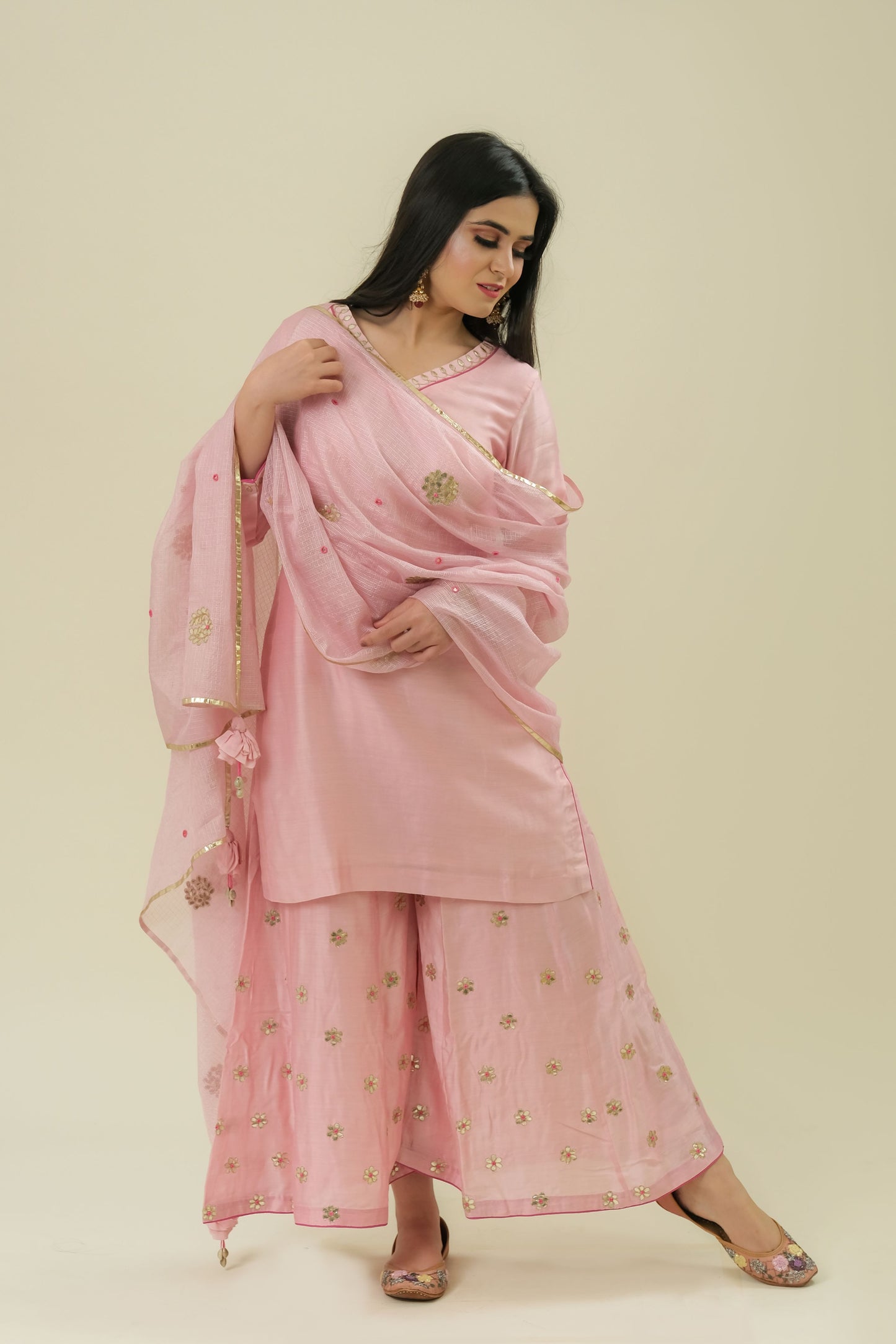 BABY PINK HAND EMBROIDERY COTTON SILK SUIT WITH KOTA DUPATTA -SET OF 3