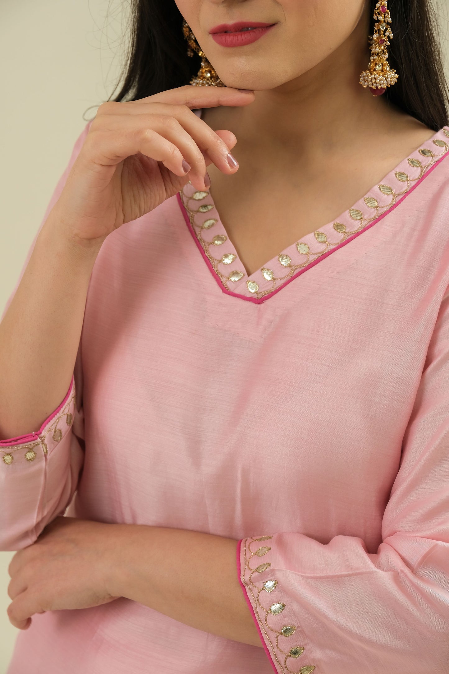 BABY PINK HAND EMBROIDERY COTTON SILK SUIT WITH KOTA DUPATTA -SET OF 3