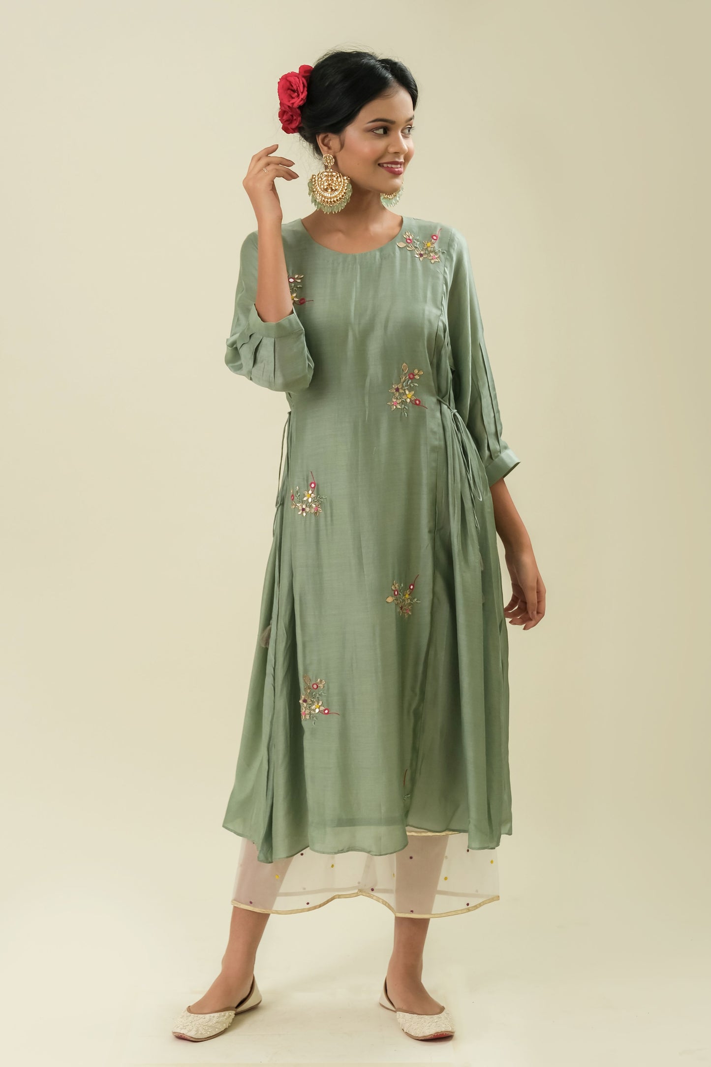 MINT HAND EMBROIDERED COTTON SILK KURTA WITH PALAZZO - SET OF 2