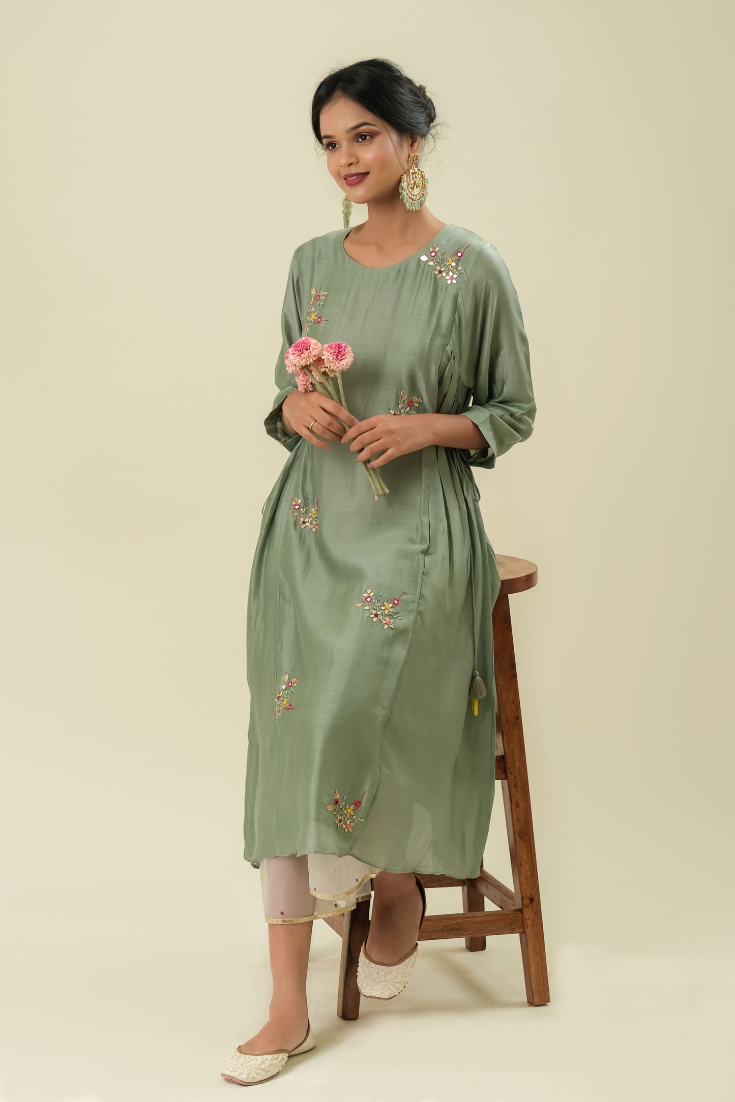 MINT HAND EMBROIDERED COTTON SILK KURTA WITH PALAZZO - SET OF 2