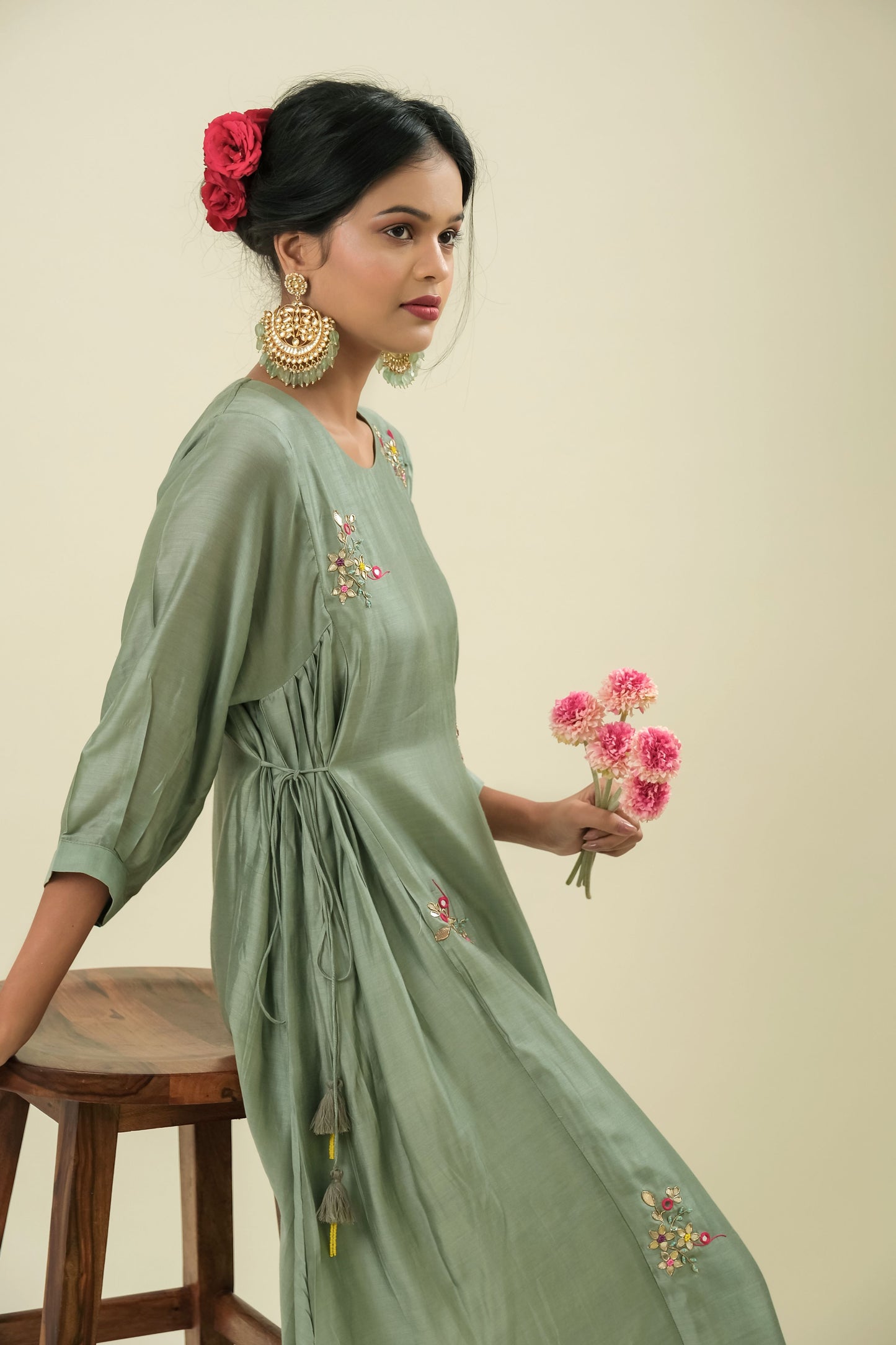 MINT HAND EMBROIDERED COTTON SILK KURTA WITH PALAZZO - SET OF 2