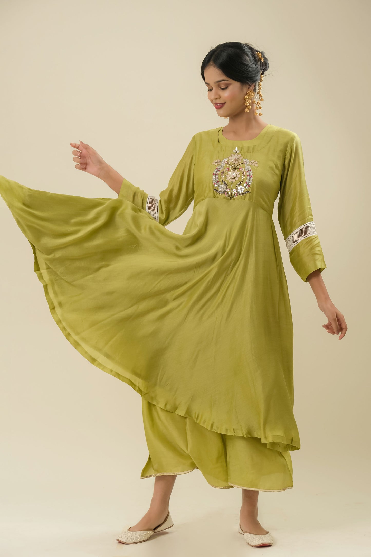 PARROT GREEN EMBROIDERED COTTON SILK SUIT WITH KOTA DUPATTA - SET OF 3