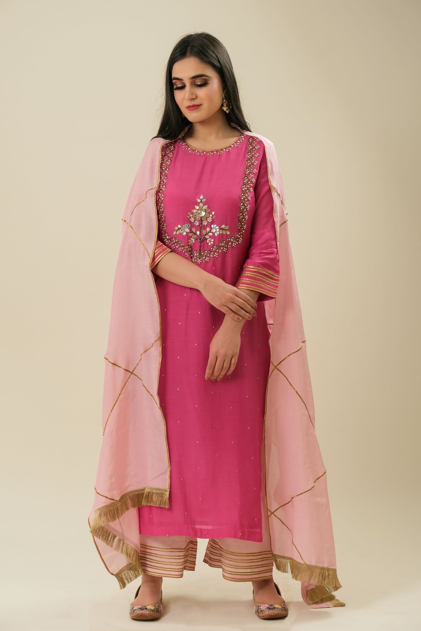 FUCHSIA HAND EMBROIDERY SUIT WITH BABY PINK DUPATTA - SET OF 3