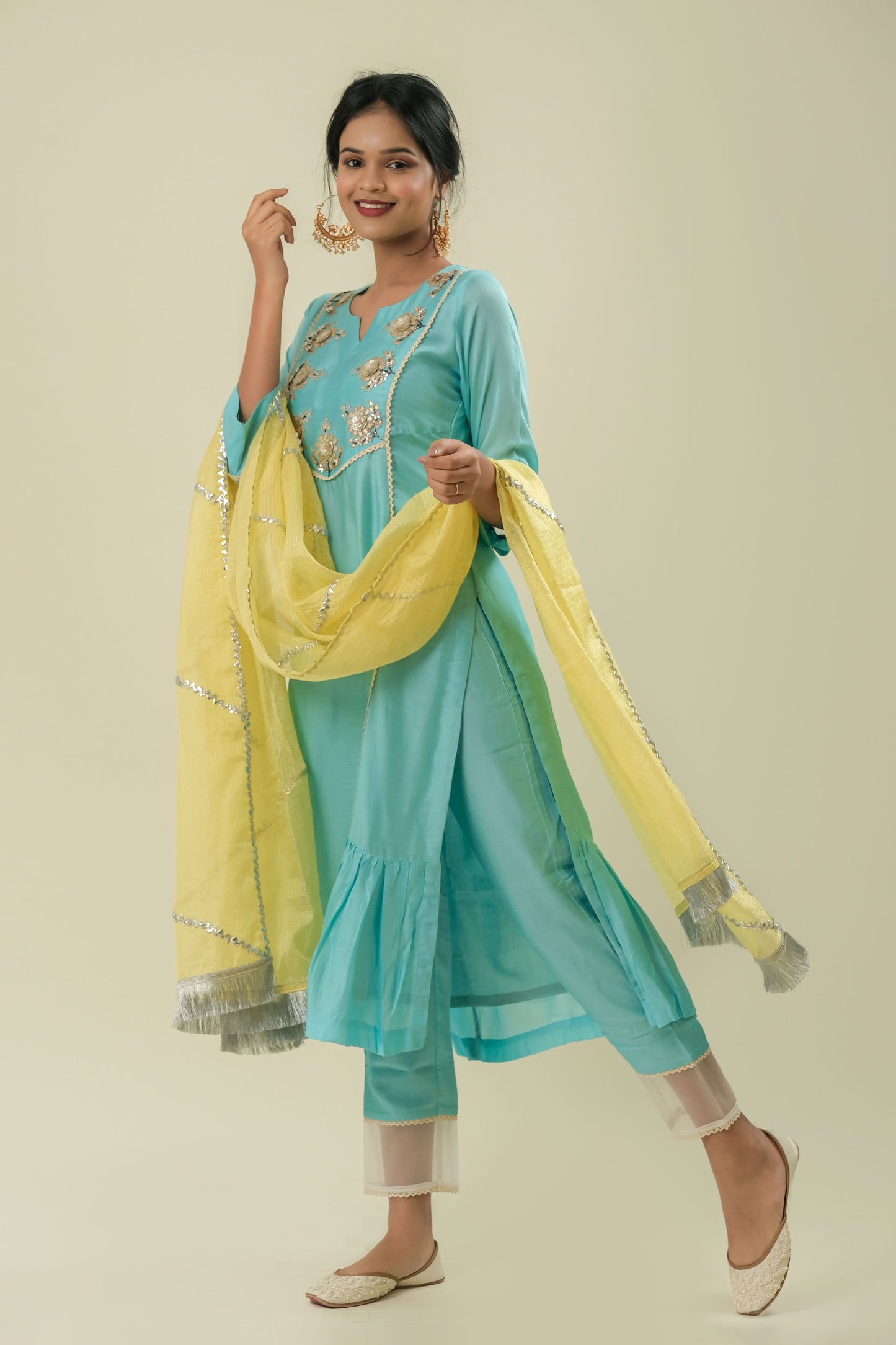 CORAL BLUE EMBROIDERED COTTON SILK SUIT WITH LEMON KOTA DUPATTA - SET OF 3