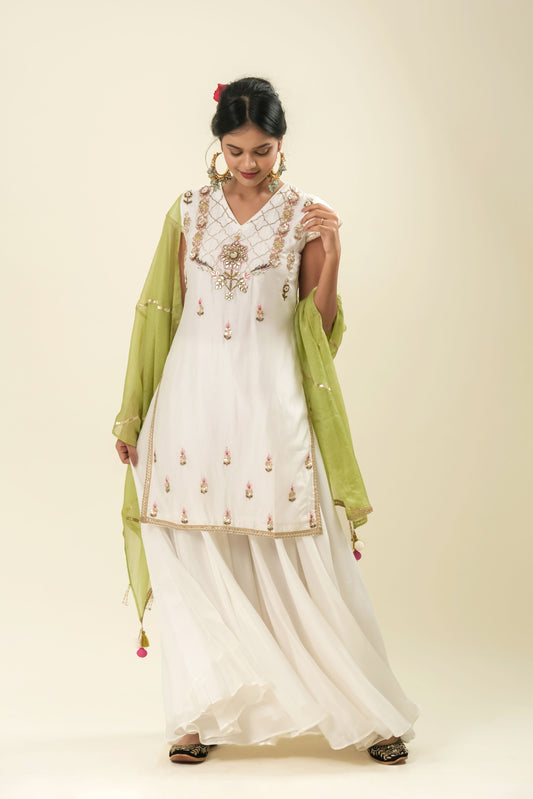 FESTIVE WHITE HAND EMBROIDERY  SUIT WITH KOTA DUPATTA- SET OF 3