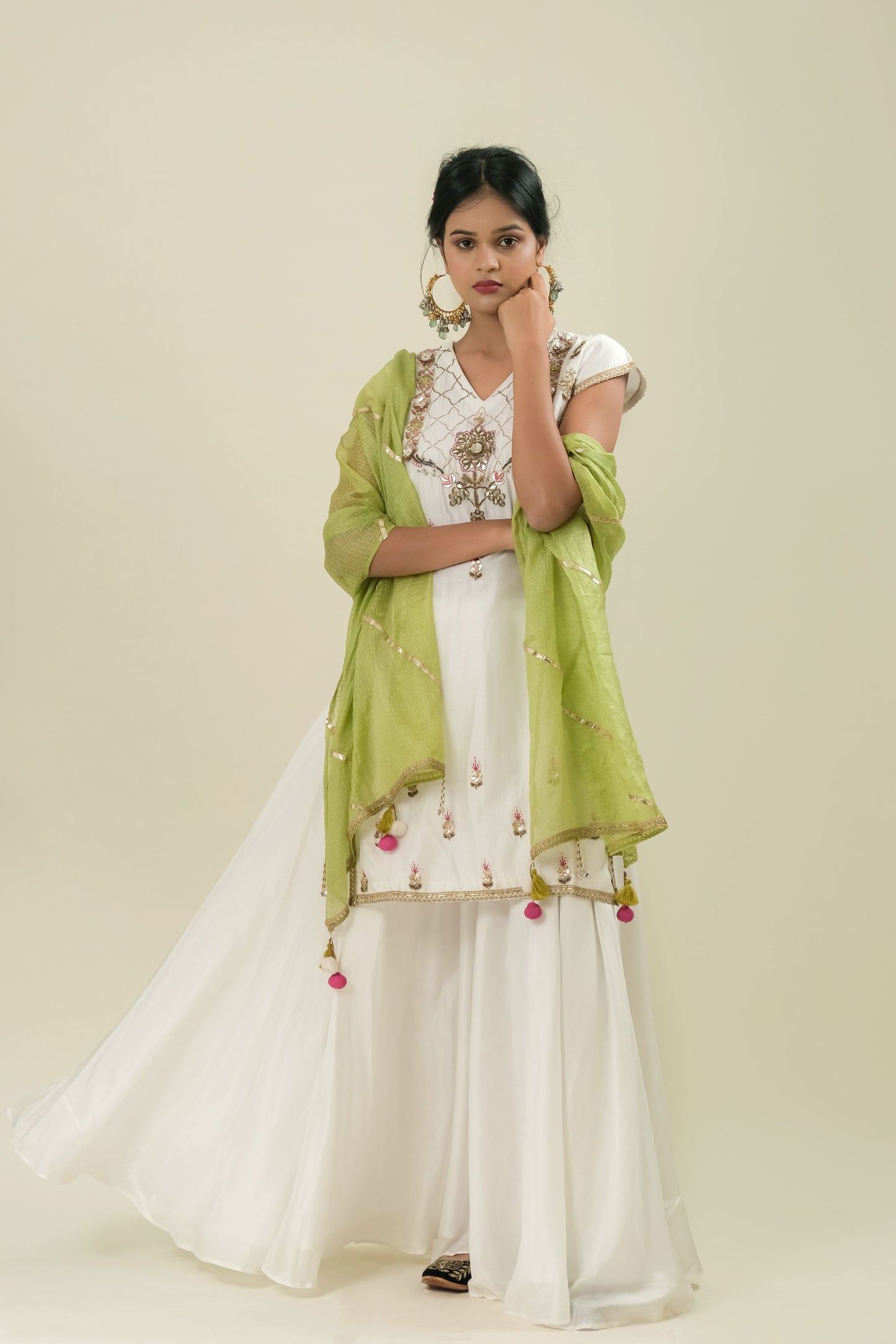 FESTIVE WHITE HAND EMBROIDERY  SUIT WITH KOTA DUPATTA- SET OF 3