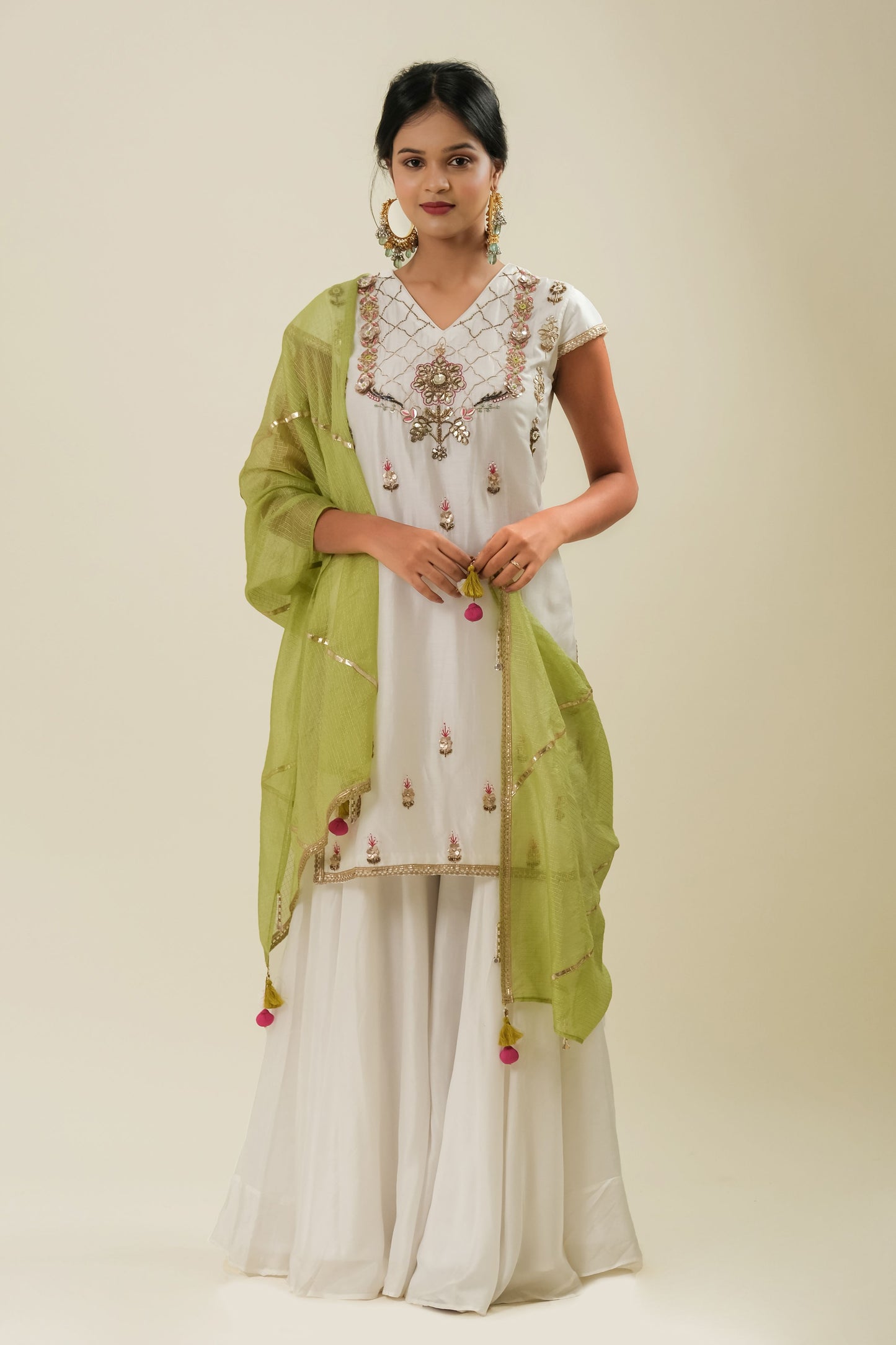 FESTIVE WHITE HAND EMBROIDERY  SUIT WITH KOTA DUPATTA- SET OF 3