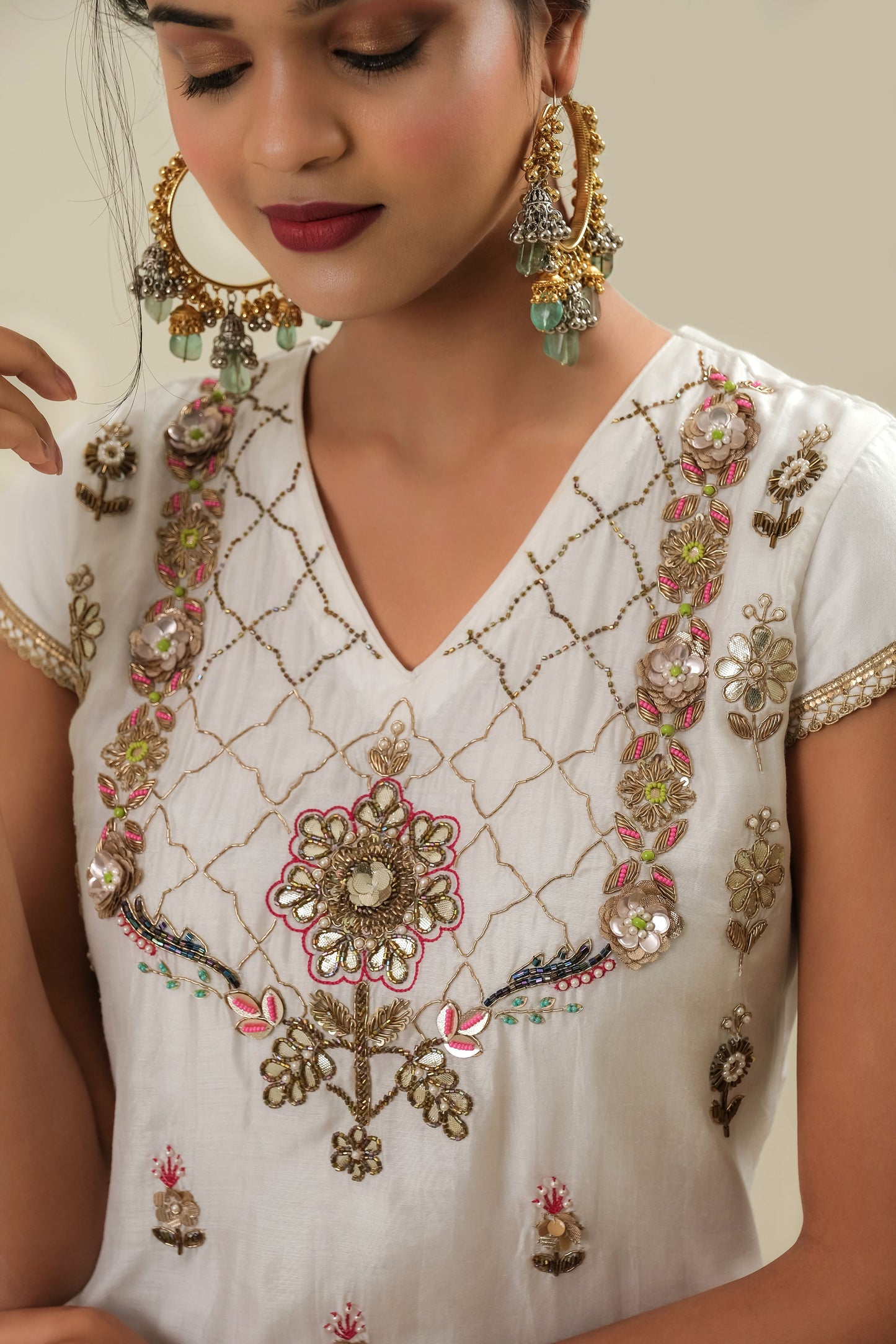 FESTIVE WHITE HAND EMBROIDERY  SUIT WITH KOTA DUPATTA- SET OF 3