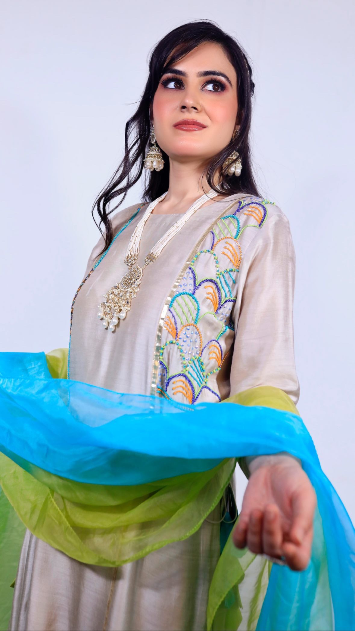 GRAY COTTON SILK SUIT WITH DIP DYE DUPPATA