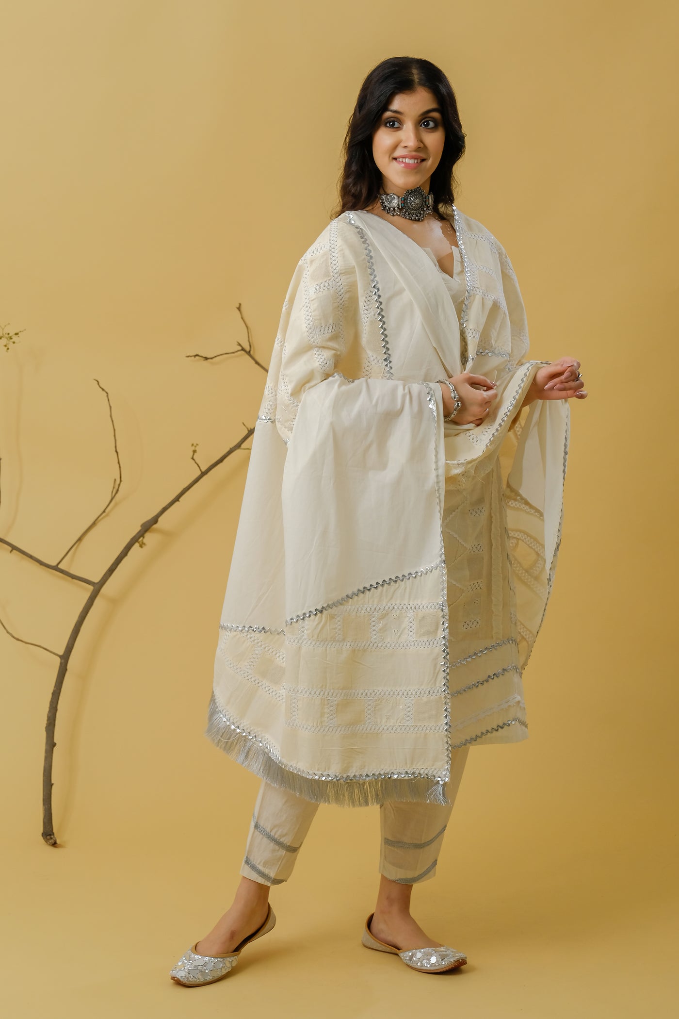 LACE DETAILING PATCHED UP COTTON SUIT WITH COTTON PATCHED DUPPATTA-SET OF 3