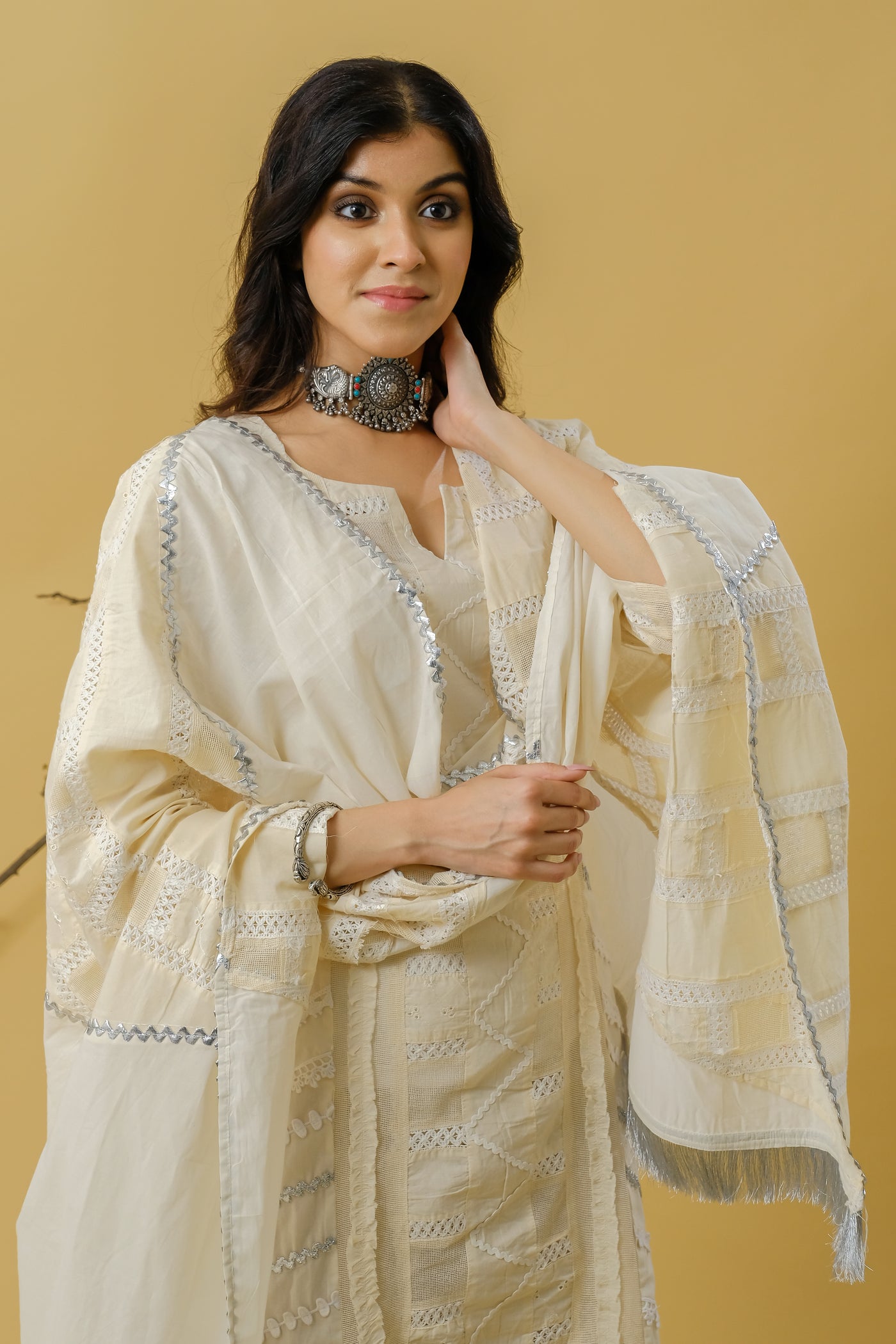 LACE DETAILING PATCHED UP COTTON SUIT WITH COTTON PATCHED DUPPATTA-SET OF 3