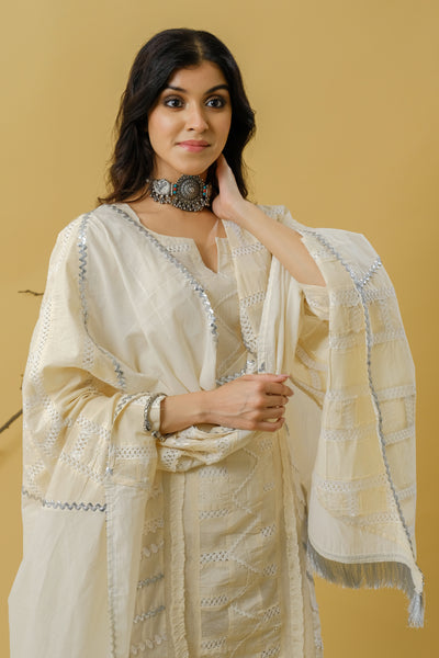LACE DETAILING PATCHED UP COTTON SUIT WITH COTTON PATCHED DUPPATTA-SET OF 3