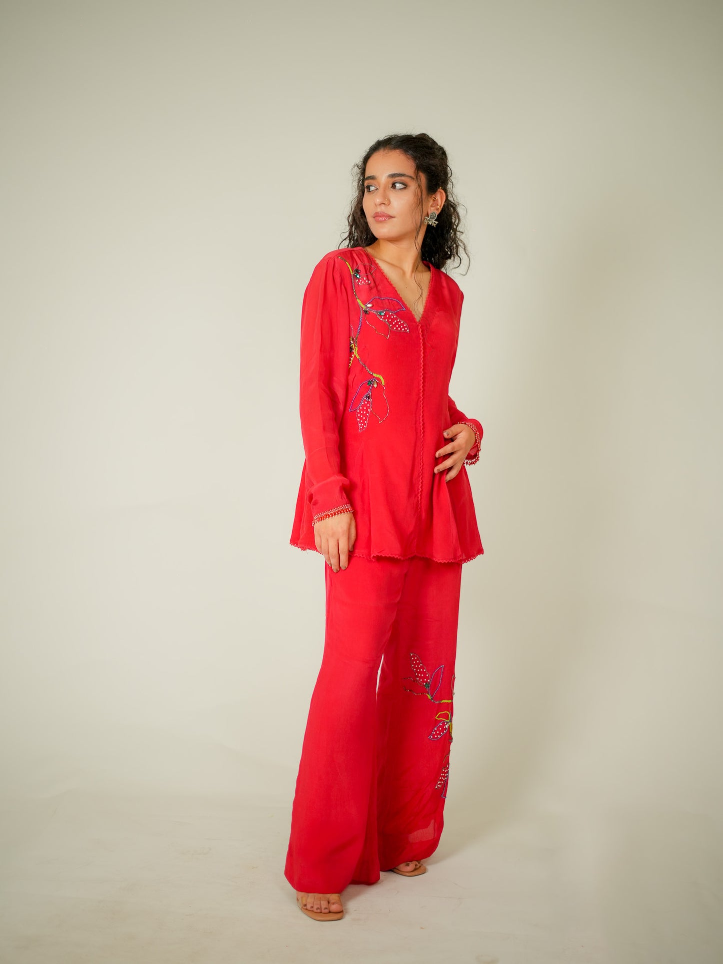 TOMATO RED HAND EMBROIDER CO-ORD SET