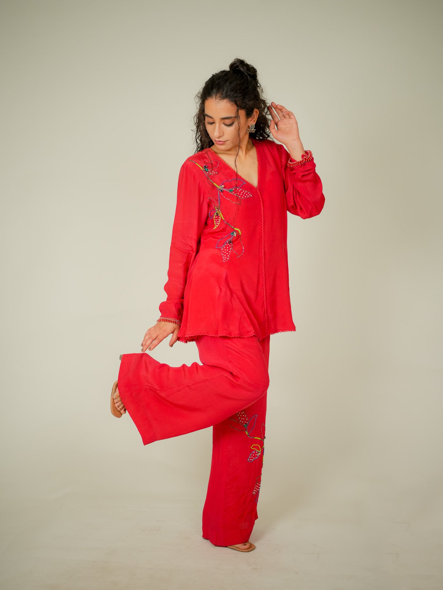 TOMATO RED HAND EMBROIDER CO-ORD SET