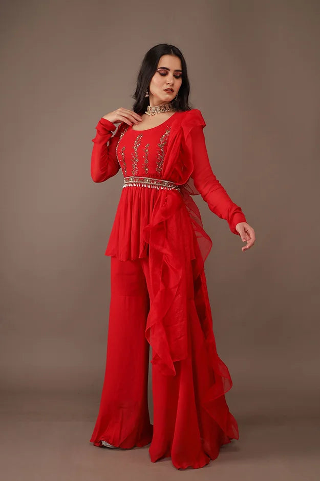 RED HAND EMBROIDERY GEORGETTE SUIT WITH PANTS- SET OF 4