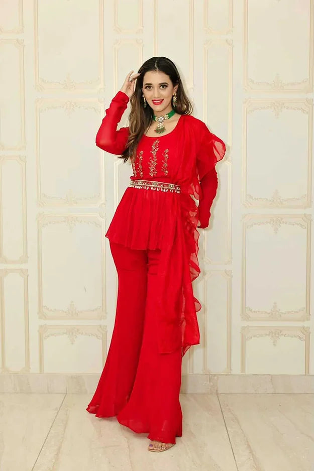 RED HAND EMBROIDERY GEORGETTE SUIT WITH PANTS- SET OF 4