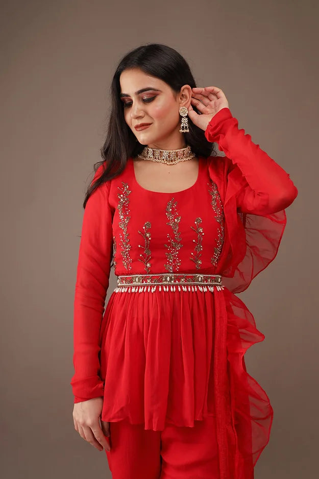 RED HAND EMBROIDERY GEORGETTE SUIT WITH PANTS- SET OF 4