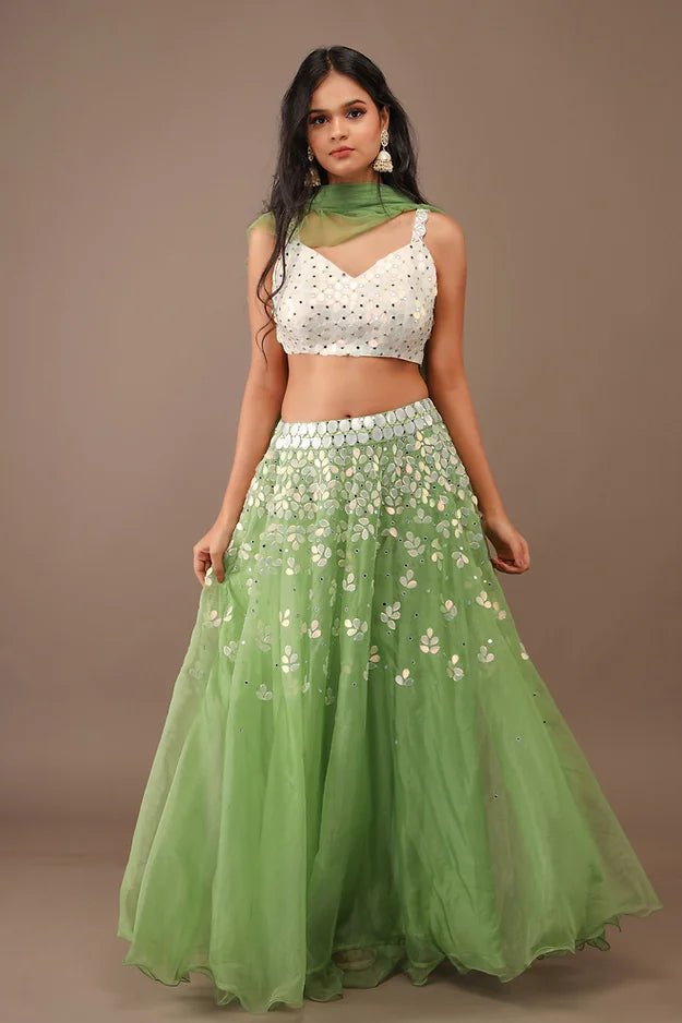 LEAF GREEN HAND EMBROIDERY ORGANZA LENGHA WITH NET DUPATTA- SET OFl 3