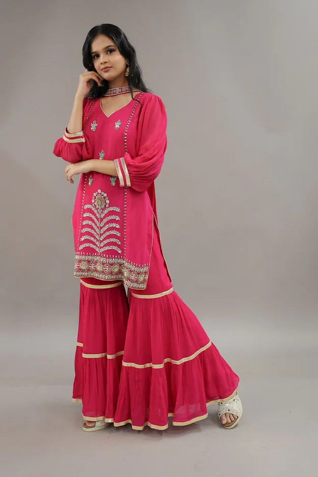 RANI PINK HAND EMBROIDERY GEORGETTE SUIT WITH DUPATTA- SET OF 3